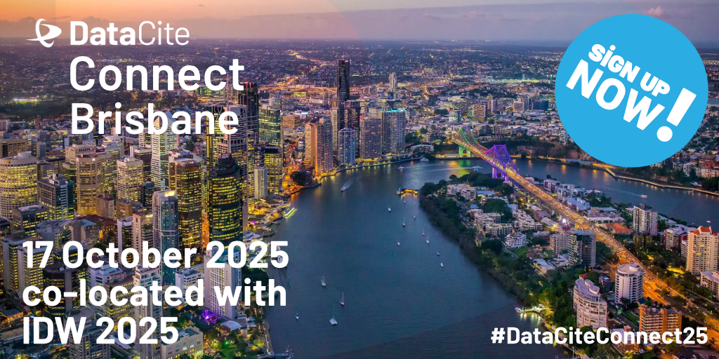 The image is a promotional banner for a DataCite Connect event in Brisbane, Australia. - Event Information: The graphic clearly states "DataCite Connect Brisbane," the date (October 17, 2025), and that it's co-located with IDW 2025. A prominent "SIGN UP NOW!" call to action is included. The hashtag #DataCiteConnect25 further promotes the event on social media. - Visual: The background is an aerial night-time shot of the Brisbane cityscape, showcasing the city's skyline, river, and Story Bridge.